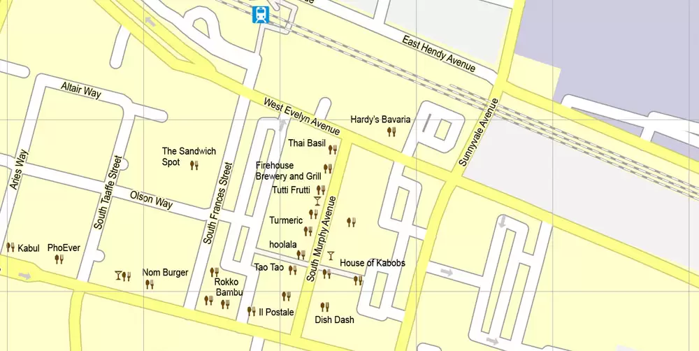 Printable Map Mountain View, California, US, exact vector street G-View Level 17 map (100 meters scale), full editable, Adobe Illustrator, full vector, scalable, editable, text format street names, 10 Mb ZIP.