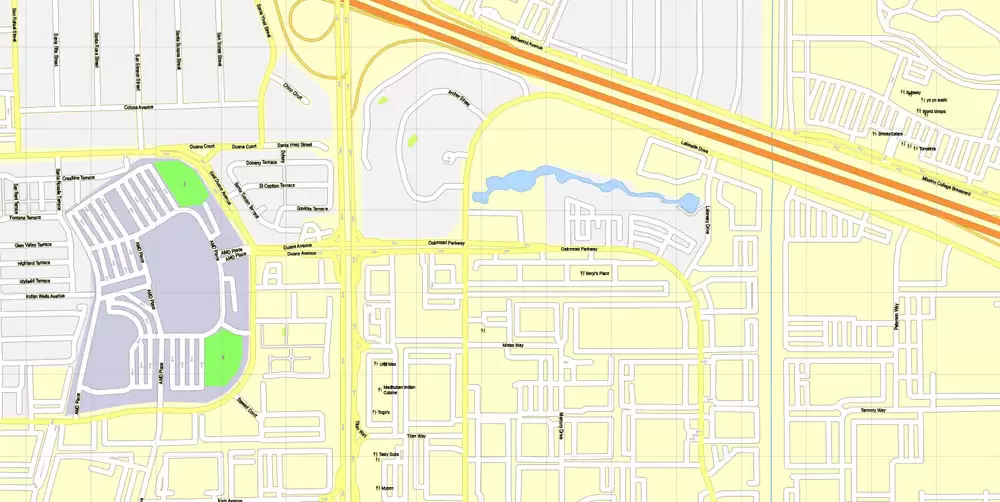 Printable Map Mountain View, California, US, exact vector street G-View Level 17 map (100 meters scale), full editable, Adobe Illustrator, full vector, scalable, editable, text format street names, 10 Mb ZIP.
