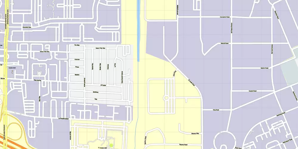 Printable Map Mountain View, California, US, exact vector street G-View Level 17 map (100 meters scale), full editable, Adobe Illustrator, full vector, scalable, editable, text format street names, 10 Mb ZIP.