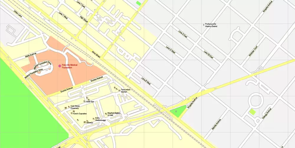 Printable Map Mountain View, California, US, exact vector street G-View Level 17 map (100 meters scale), full editable, Adobe Illustrator, full vector, scalable, editable, text format street names, 10 Mb ZIP.