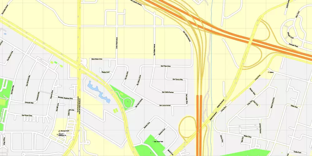 Printable Map Mountain View, California, US, exact vector street G-View Level 17 map (100 meters scale), full editable, Adobe Illustrator, full vector, scalable, editable, text format street names, 10 Mb ZIP.