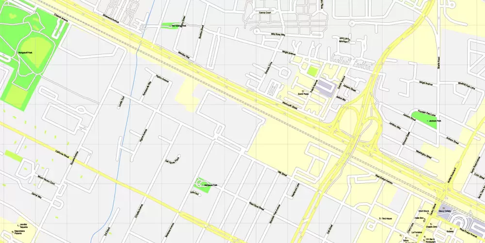 Printable Map Mountain View, California, US, exact vector street G-View Level 17 map (100 meters scale), full editable, Adobe Illustrator, full vector, scalable, editable, text format street names, 10 Mb ZIP.