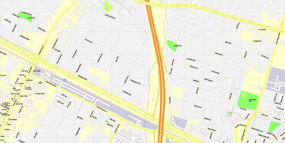 Printable Map Mountain View, California, US, exact vector street G-View Level 17 map (100 meters scale), full editable, Adobe Illustrator, full vector, scalable, editable, text format street names, 10 Mb ZIP.