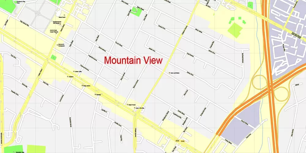 Printable Map Mountain View, California, US, exact vector street G-View Level 17 map (100 meters scale), full editable, Adobe Illustrator, full vector, scalable, editable, text format street names, 10 Mb ZIP.