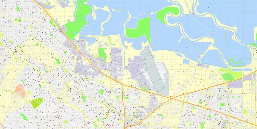 Printable Map Mountain View, California, US, exact vector street G-View Level 17 map (100 meters scale), full editable, Adobe Illustrator, full vector, scalable, editable, text format street names, 10 Mb ZIP.
