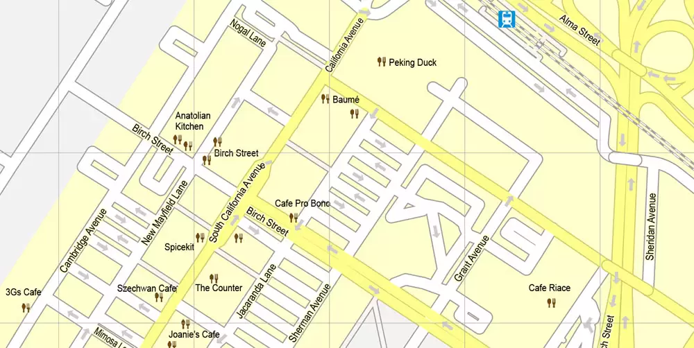 Printable Map Mountain View, California, US, exact vector street G-View Level 17 map (100 meters scale), full editable, Adobe Illustrator, full vector, scalable, editable, text format street names, 10 Mb ZIP.