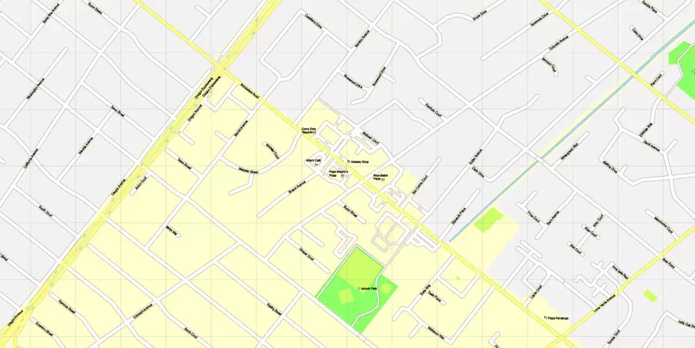 Printable Map Mountain View, California, US, exact vector street G-View Level 17 map (100 meters scale), full editable, Adobe Illustrator, full vector, scalable, editable, text format street names, 10 Mb ZIP.