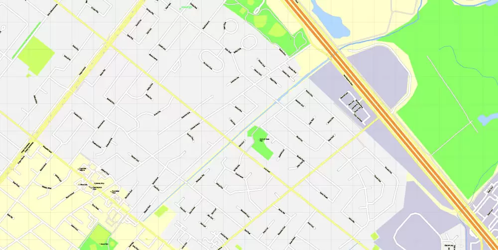 Printable Map Mountain View, California, US, exact vector street G-View Level 17 map (100 meters scale), full editable, Adobe Illustrator, full vector, scalable, editable, text format street names, 10 Mb ZIP.