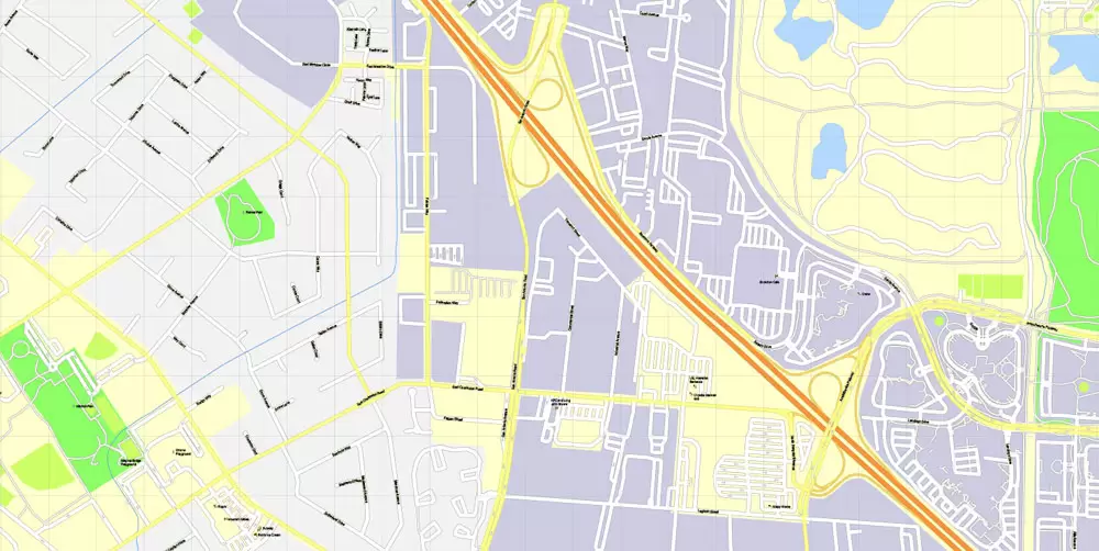 Printable Map Mountain View, California, US, exact vector street G-View Level 17 map (100 meters scale), full editable, Adobe Illustrator, full vector, scalable, editable, text format street names, 10 Mb ZIP.