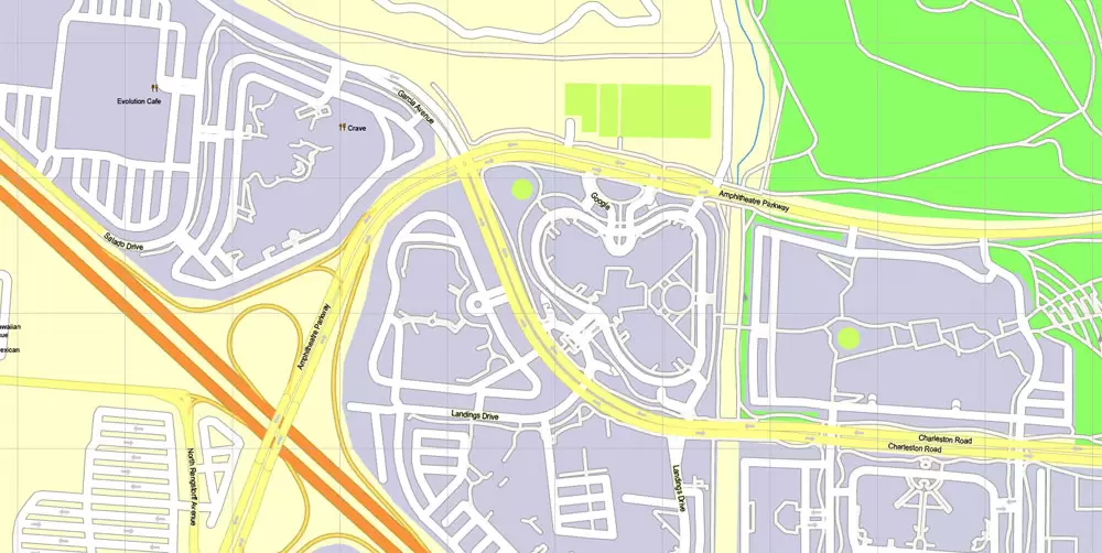 Printable Map Mountain View, California, US, exact vector street G-View Level 17 map (100 meters scale), full editable, Adobe Illustrator, full vector, scalable, editable, text format street names, 10 Mb ZIP.