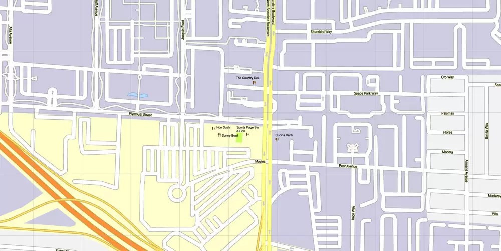 Printable Map Mountain View, California, US, exact vector street G-View Level 17 map (100 meters scale), full editable, Adobe Illustrator, full vector, scalable, editable, text format street names, 10 Mb ZIP.