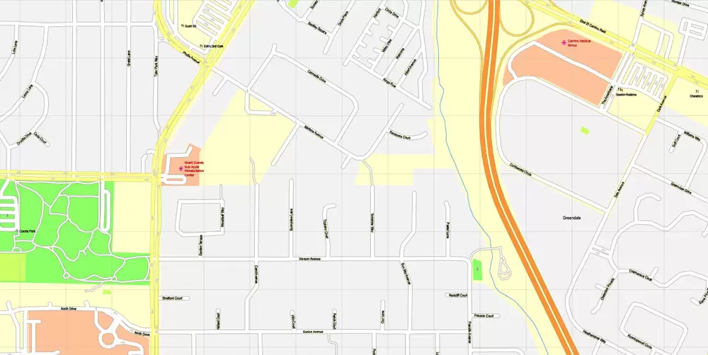 Printable Map Mountain View, California, US, exact vector street G-View Level 17 map (100 meters scale), full editable, Adobe Illustrator, full vector, scalable, editable, text format street names, 10 Mb ZIP.