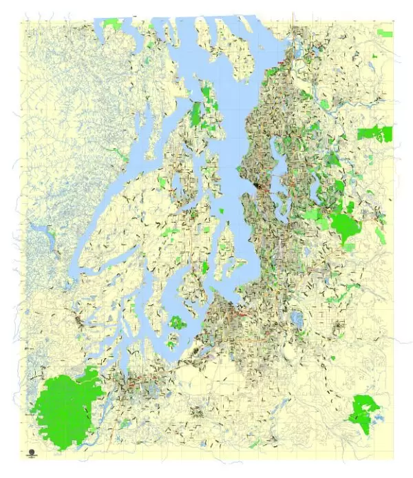 Printable Map Seattle Large Area with neighborhood, Washington, US, exact vector street G-View level 13 (2000 meter scale) map V2.10, full editable, Adobe Illustrator, full vector, scalable, editable text format street names, 18 mb ZIP
