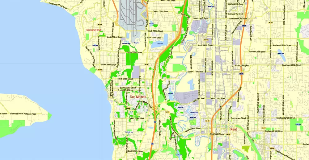 Printable Map Seattle Large Area with neighborhood, Washington, US, exact vector street G-View level 13 (2000 meter scale) map V2.10, full editable, Adobe Illustrator, full vector, scalable, editable text format street names, 18 mb ZIP