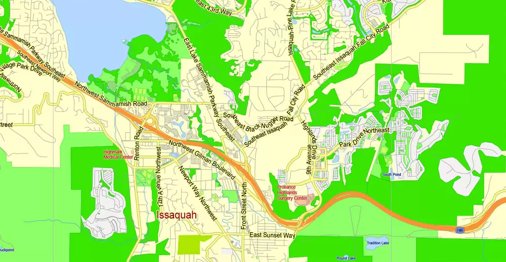 Printable Map Seattle Large Area with neighborhood, Washington, US, exact vector street G-View level 13 (2000 meter scale) map V2.10, full editable, Adobe Illustrator, full vector, scalable, editable text format street names, 18 mb ZIP