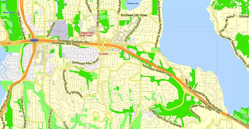 Printable Map Seattle Large Area with neighborhood, Washington, US, exact vector street G-View level 13 (2000 meter scale) map V2.10, full editable, Adobe Illustrator, full vector, scalable, editable text format street names, 18 mb ZIP