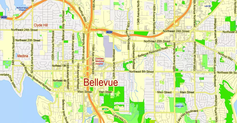 Printable Map Seattle Large Area with neighborhood, Washington, US, exact vector street G-View level 13 (2000 meter scale) map V2.10, full editable, Adobe Illustrator, full vector, scalable, editable text format street names, 18 mb ZIP
