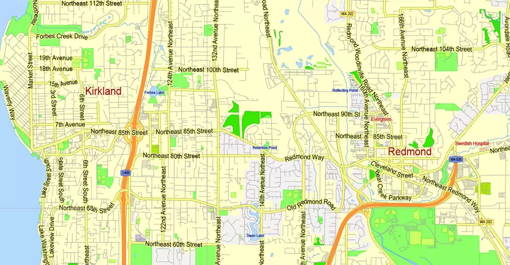 Printable Map Seattle Large Area with neighborhood, Washington, US, exact vector street G-View level 13 (2000 meter scale) map V2.10, full editable, Adobe Illustrator, full vector, scalable, editable text format street names, 18 mb ZIP