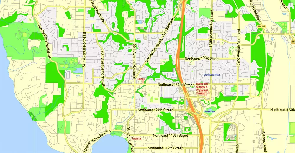 Printable Map Seattle Large Area with neighborhood, Washington, US, exact vector street G-View level 13 (2000 meter scale) map V2.10, full editable, Adobe Illustrator, full vector, scalable, editable text format street names, 18 mb ZIP