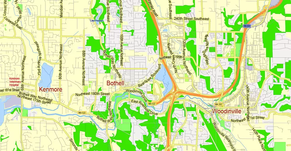 Printable Map Seattle Large Area with neighborhood, Washington, US, exact vector street G-View level 13 (2000 meter scale) map V2.10, full editable, Adobe Illustrator, full vector, scalable, editable text format street names, 18 mb ZIP