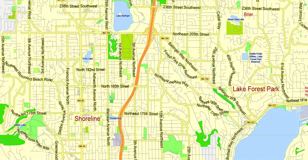 Printable Map Seattle Large Area with neighborhood, Washington, US, exact vector street G-View level 13 (2000 meter scale) map V2.10, full editable, Adobe Illustrator, full vector, scalable, editable text format street names, 18 mb ZIP
