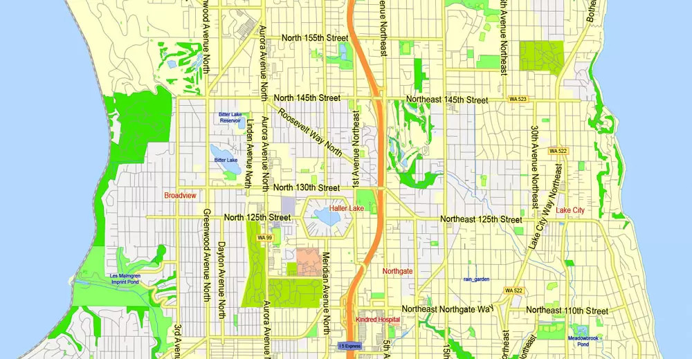 Printable Map Seattle Large Area with neighborhood, Washington, US, exact vector street G-View level 13 (2000 meter scale) map V2.10, full editable, Adobe Illustrator, full vector, scalable, editable text format street names, 18 mb ZIP