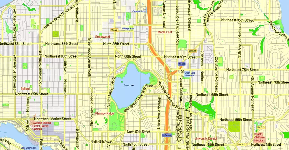 Printable Map Seattle Large Area with neighborhood, Washington, US, exact vector street G-View level 13 (2000 meter scale) map V2.10, full editable, Adobe Illustrator, full vector, scalable, editable text format street names, 18 mb ZIP