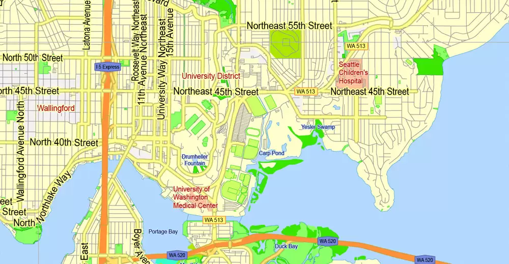 Printable Map Seattle Large Area with neighborhood, Washington, US, exact vector street G-View level 13 (2000 meter scale) map V2.10, full editable, Adobe Illustrator, full vector, scalable, editable text format street names, 18 mb ZIP