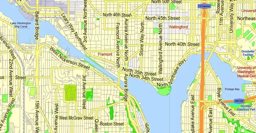 Printable Map Seattle Large Area with neighborhood, Washington, US, exact vector street G-View level 13 (2000 meter scale) map V2.10, full editable, Adobe Illustrator, full vector, scalable, editable text format street names, 18 mb ZIP