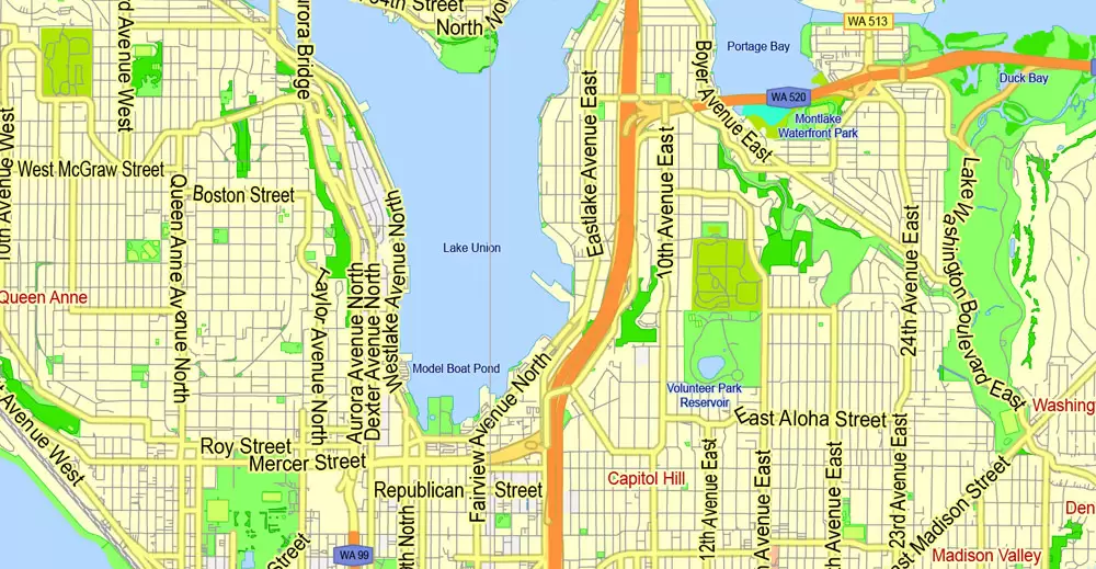 Printable Map Seattle Large Area with neighborhood, Washington, US, exact vector street G-View level 13 (2000 meter scale) map V2.10, full editable, Adobe Illustrator, full vector, scalable, editable text format street names, 18 mb ZIP
