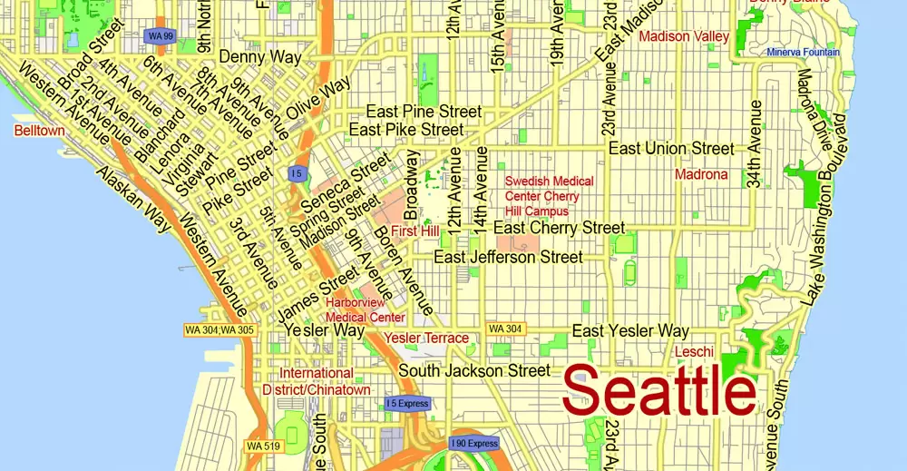 Printable Map Seattle Large Area with neighborhood, Washington, US, exact vector street G-View level 13 (2000 meter scale) map V2.10, full editable, Adobe Illustrator, full vector, scalable, editable text format street names, 18 mb ZIP