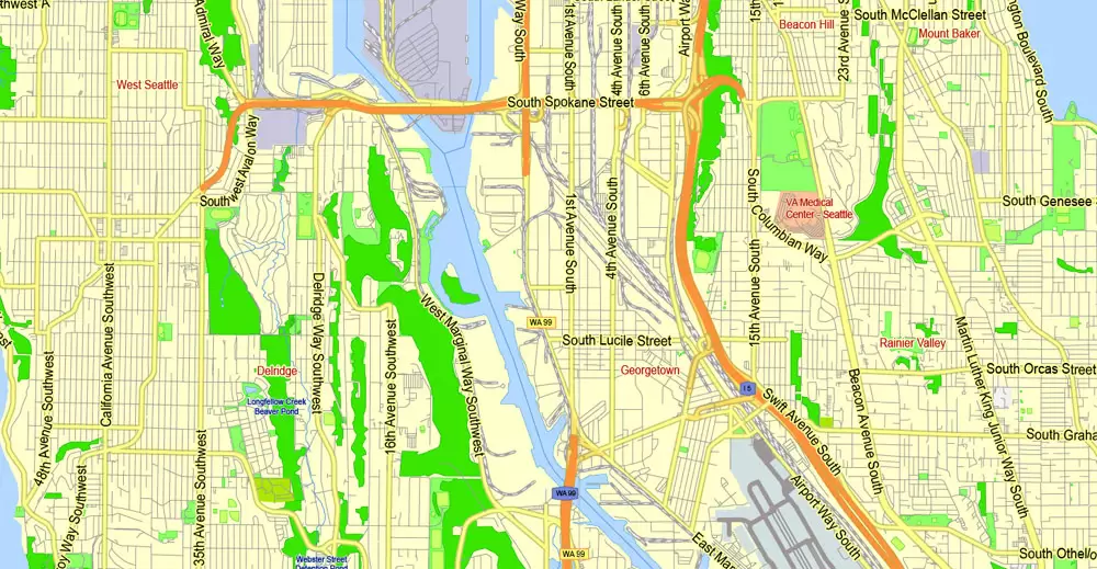 Printable Map Seattle Large Area with neighborhood, Washington, US, exact vector street G-View level 13 (2000 meter scale) map V2.10, full editable, Adobe Illustrator, full vector, scalable, editable text format street names, 18 mb ZIP