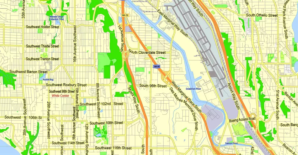 Printable Map Seattle Large Area with neighborhood, Washington, US, exact vector street G-View level 13 (2000 meter scale) map V2.10, full editable, Adobe Illustrator, full vector, scalable, editable text format street names, 18 mb ZIP