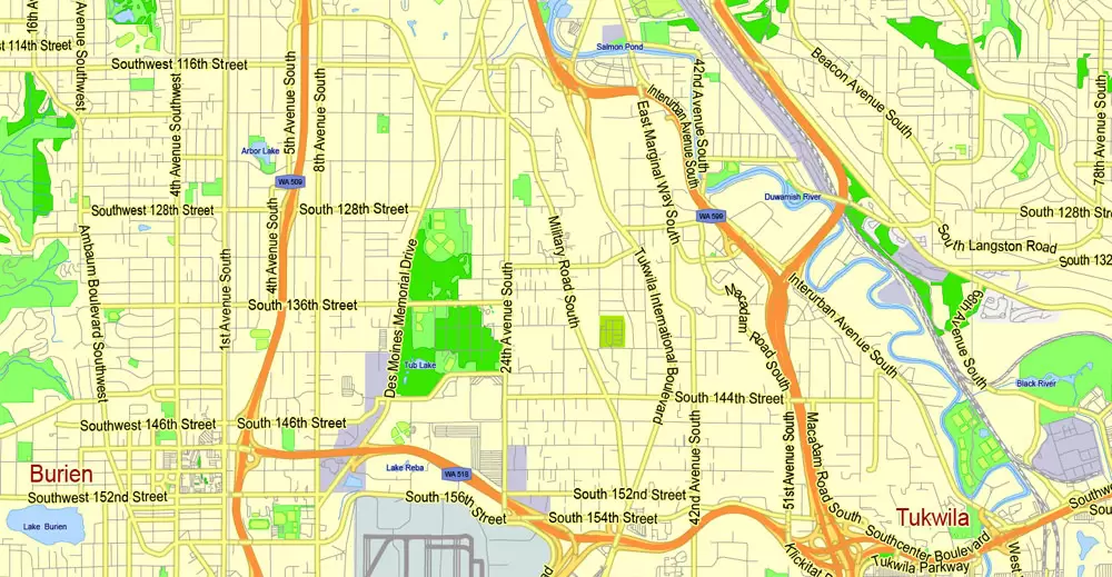 Printable Map Seattle Large Area with neighborhood, Washington, US, exact vector street G-View level 13 (2000 meter scale) map V2.10, full editable, Adobe Illustrator, full vector, scalable, editable text format street names, 18 mb ZIP