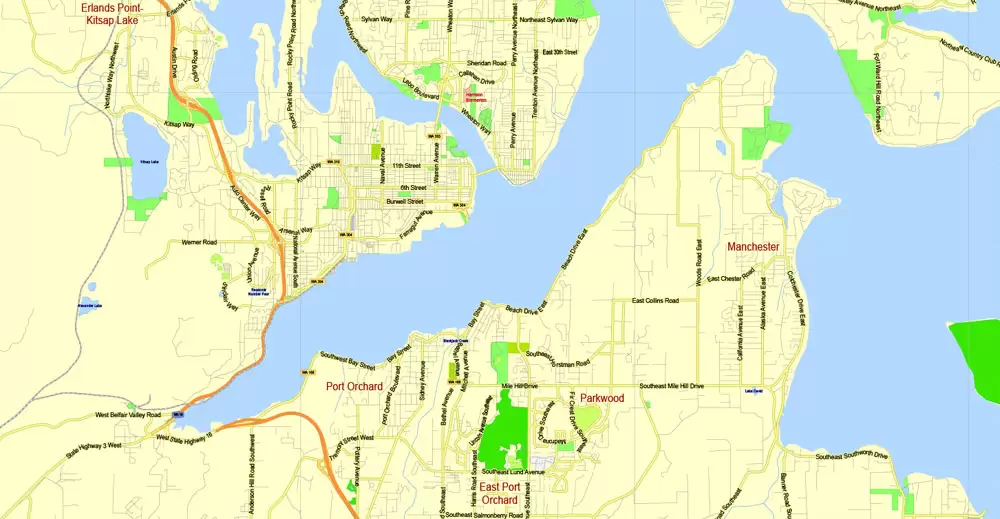 Printable Map Seattle Large Area with neighborhood, Washington, US, exact vector street G-View level 13 (2000 meter scale) map V2.10, full editable, Adobe Illustrator, full vector, scalable, editable text format street names, 18 mb ZIP