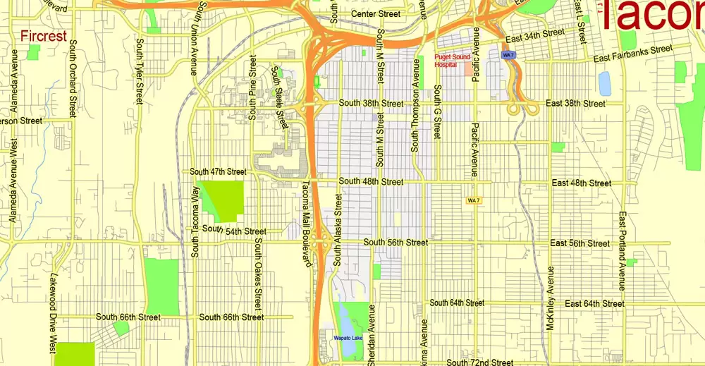 Printable Map Seattle Large Area with neighborhood, Washington, US, exact vector street G-View level 13 (2000 meter scale) map V2.10, full editable, Adobe Illustrator, full vector, scalable, editable text format street names, 18 mb ZIP