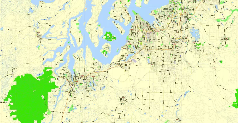 Printable Map Seattle Large Area with neighborhood, Washington, US, exact vector street G-View level 13 (2000 meter scale) map V2.10, full editable, Adobe Illustrator, full vector, scalable, editable text format street names, 18 mb ZIP