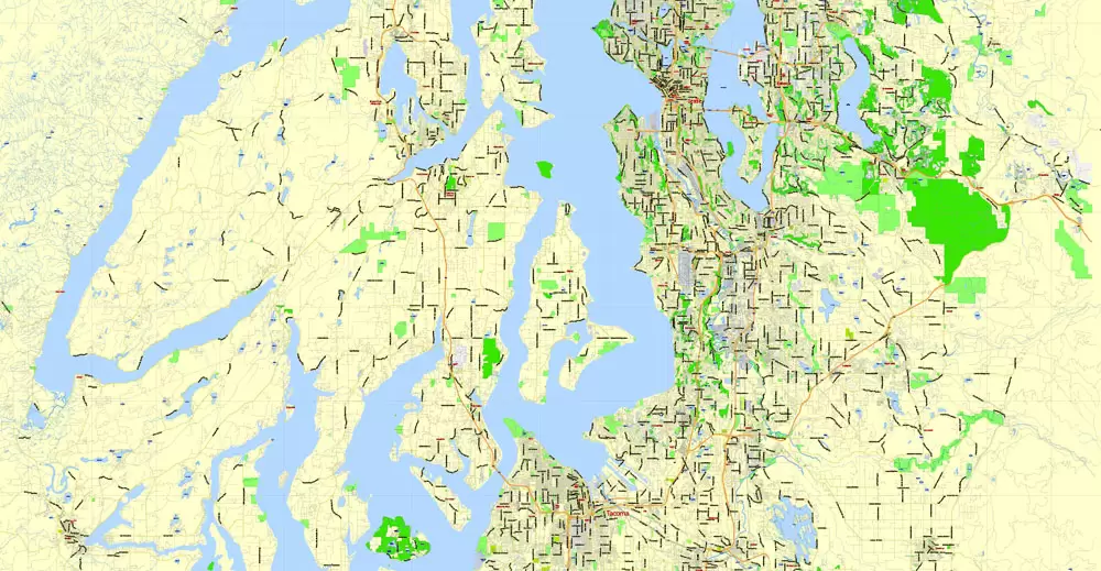 Printable Map Seattle Large Area with neighborhood, Washington, US, exact vector street G-View level 13 (2000 meter scale) map V2.10, full editable, Adobe Illustrator, full vector, scalable, editable text format street names, 18 mb ZIP