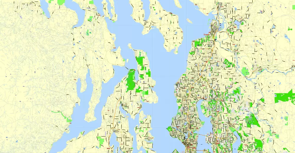 Printable Map Seattle Large Area with neighborhood, Washington, US, exact vector street G-View level 13 (2000 meter scale) map V2.10, full editable, Adobe Illustrator, full vector, scalable, editable text format street names, 18 mb ZIP