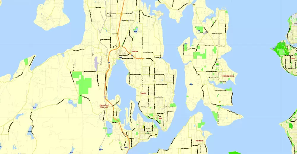 Printable Map Seattle Large Area with neighborhood, Washington, US, exact vector street G-View level 13 (2000 meter scale) map V2.10, full editable, Adobe Illustrator, full vector, scalable, editable text format street names, 18 mb ZIP
