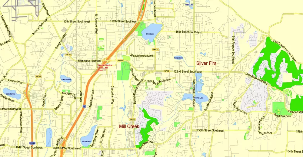 Printable Map Seattle Large Area with neighborhood, Washington, US, exact vector street G-View level 13 (2000 meter scale) map V2.10, full editable, Adobe Illustrator, full vector, scalable, editable text format street names, 18 mb ZIP