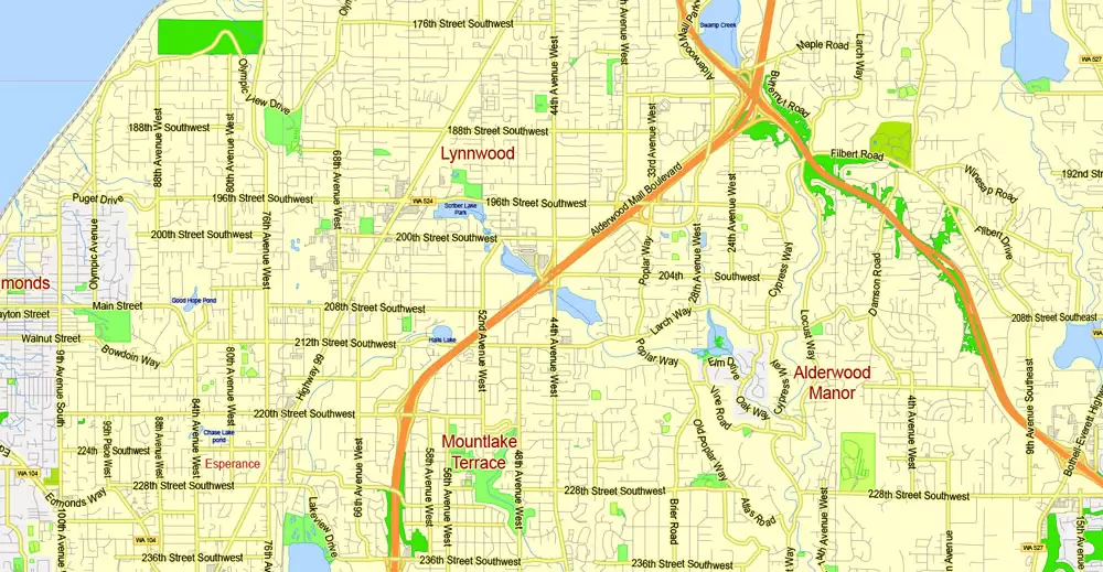 Printable Map Seattle Large Area with neighborhood, Washington, US, exact vector street G-View level 13 (2000 meter scale) map V2.10, full editable, Adobe Illustrator, full vector, scalable, editable text format street names, 18 mb ZIP