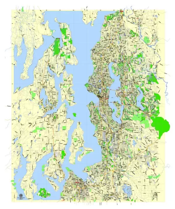 Printable Map Seattle Area with suburbans, Washington, US, exact vector streetG-View level 13 (200 meter scale) map V1.10, full editable, Adobe Illustrator, full vector, scalable, editable text format street names, 17 mb ZIP