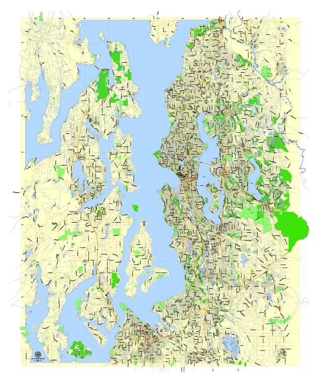 Printable Map Seattle Area with suburbans, Washington, US, exact vector streetG-View level 13 (200 meter scale) map V1.10, full editable, Adobe Illustrator, full vector, scalable, editable text format street names, 17 mb ZIP