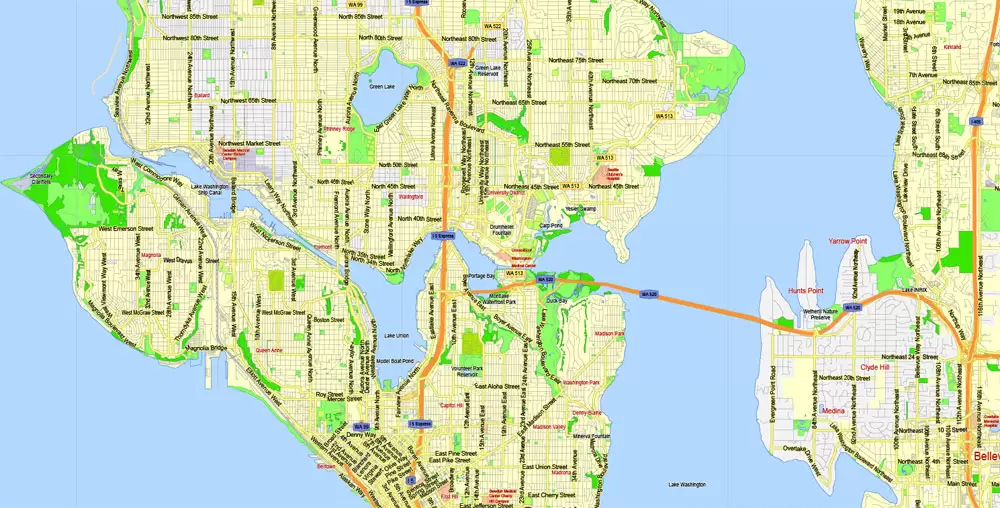 Printable Map Seattle Area with suburbans, Washington, US, exact vector streetG-View level 13 (200 meter scale) map V1.10, full editable, Adobe Illustrator, full vector, scalable, editable text format street names, 17 mb ZIP