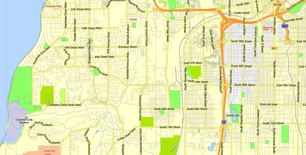 Printable Map Seattle Area with suburbans, Washington, US, exact vector streetG-View level 13 (200 meter scale) map V1.10, full editable, Adobe Illustrator, full vector, scalable, editable text format street names, 17 mb ZIP