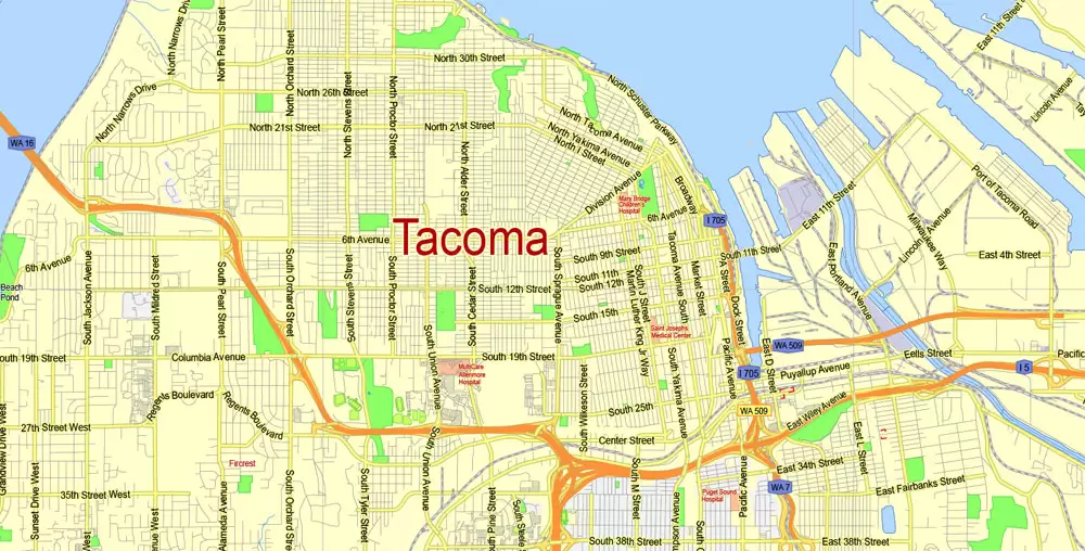 Printable Map Seattle Area with suburbans, Washington, US, exact vector streetG-View level 13 (200 meter scale) map V1.10, full editable, Adobe Illustrator, full vector, scalable, editable text format street names, 17 mb ZIP
