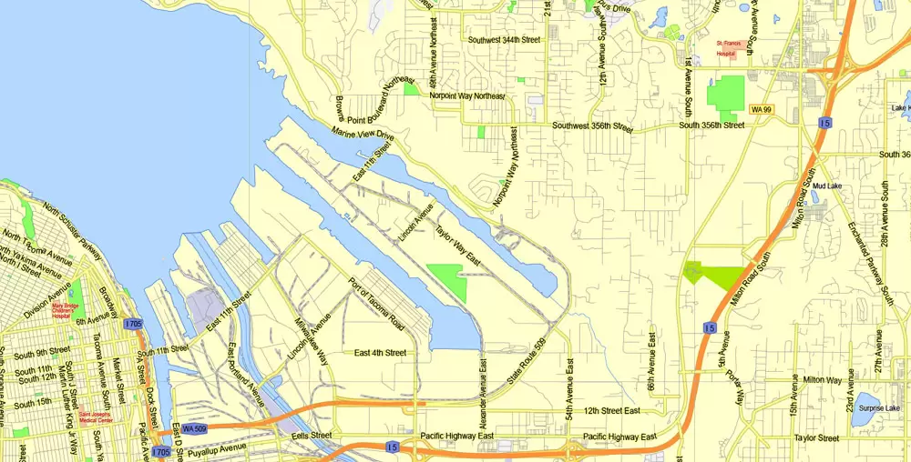 Printable Map Seattle Area with suburbans, Washington, US, exact vector streetG-View level 13 (200 meter scale) map V1.10, full editable, Adobe Illustrator, full vector, scalable, editable text format street names, 17 mb ZIP