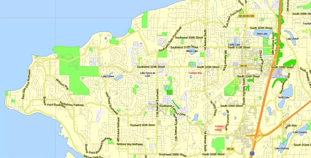 Printable Map Seattle Area with suburbans, Washington, US, exact vector streetG-View level 13 (200 meter scale) map V1.10, full editable, Adobe Illustrator, full vector, scalable, editable text format street names, 17 mb ZIP