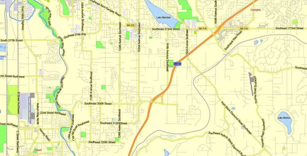 Printable Map Seattle Area with suburbans, Washington, US, exact vector streetG-View level 13 (200 meter scale) map V1.10, full editable, Adobe Illustrator, full vector, scalable, editable text format street names, 17 mb ZIP